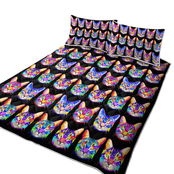 King Quilt with Cool Colorful Cat Face Pattern