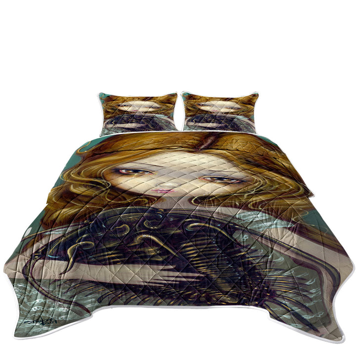 King Quilt with Crazy Art Beautiful Blond Girl with Pet Trilobite