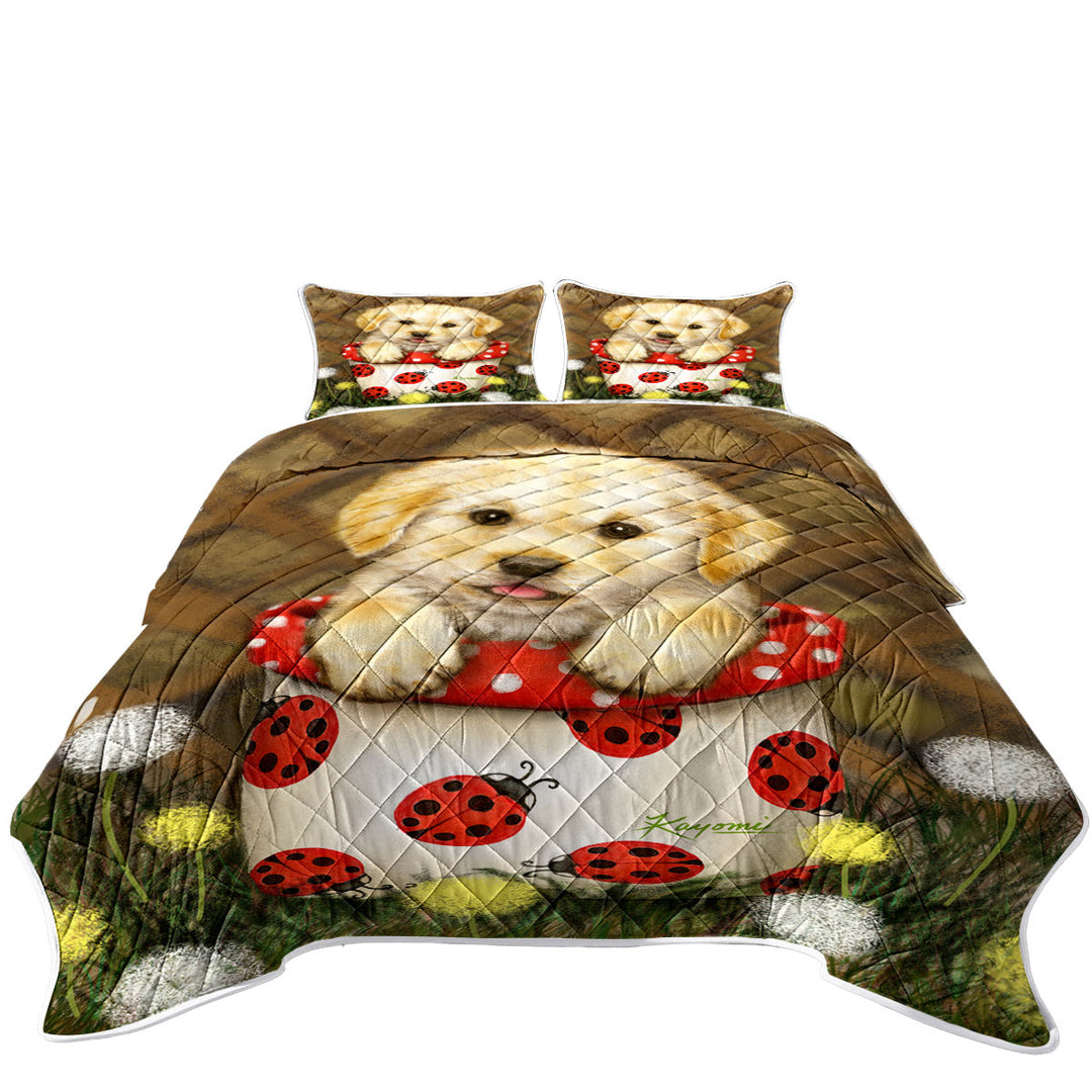 King Quilt with Cute Dog Puppy in Ladybug Flower Pot
