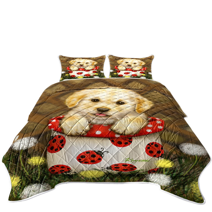 King Quilt with Cute Dog Puppy in Ladybug Flower Pot