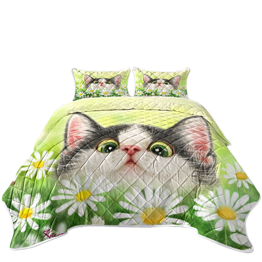 King Quilt with Cute Kitty Cat in the Daisy Flower Garden