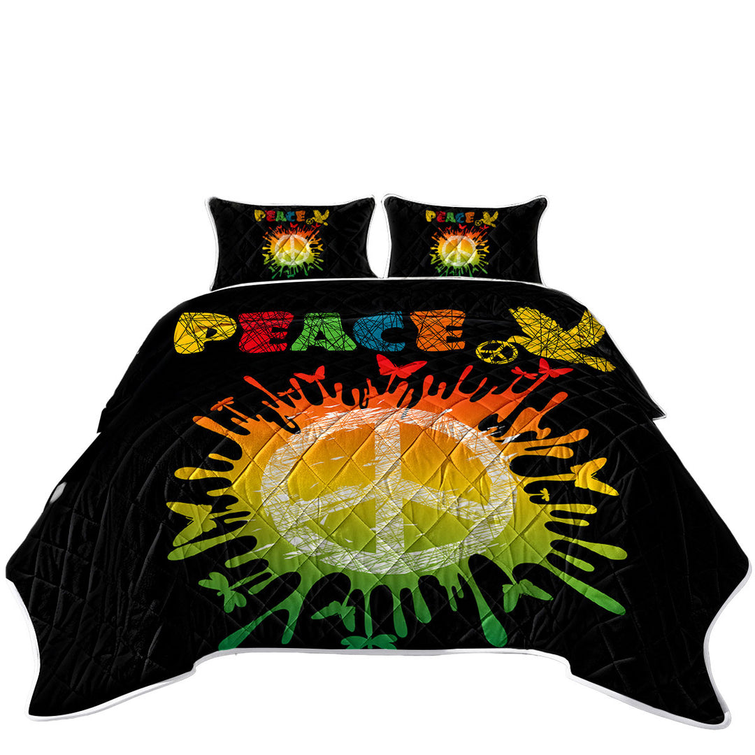 King Quilt with Dove and Butterflies Retro Peace Sign