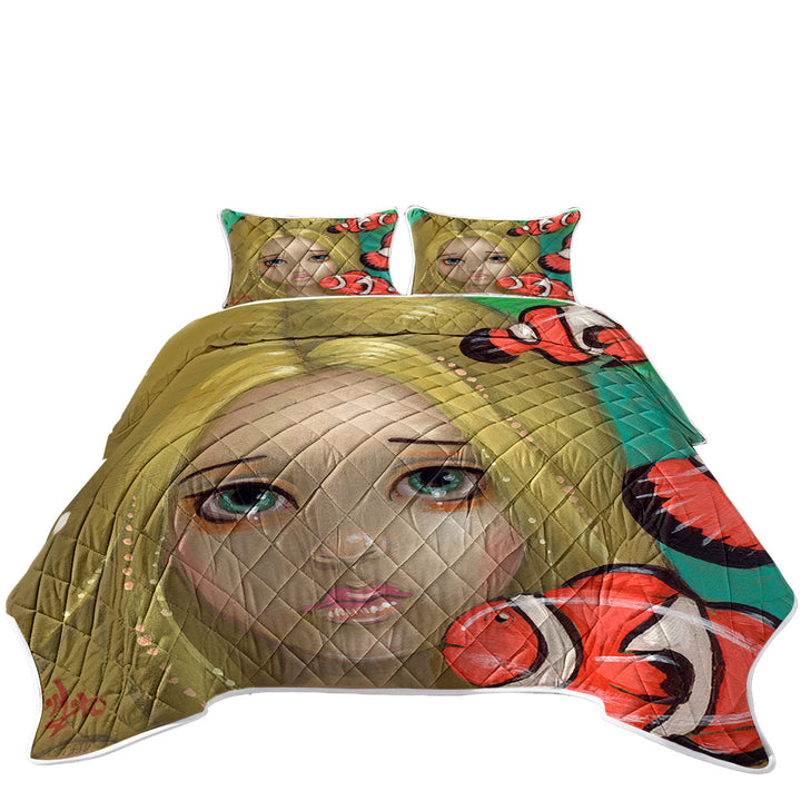 King Quilt with Faces of Faery _8 Girl and Clownfish
