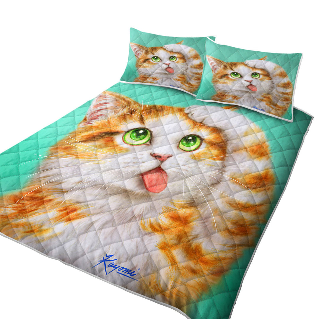 King Quilt with Funny Cat Prints Goofy Face Cute Ginger Kitten
