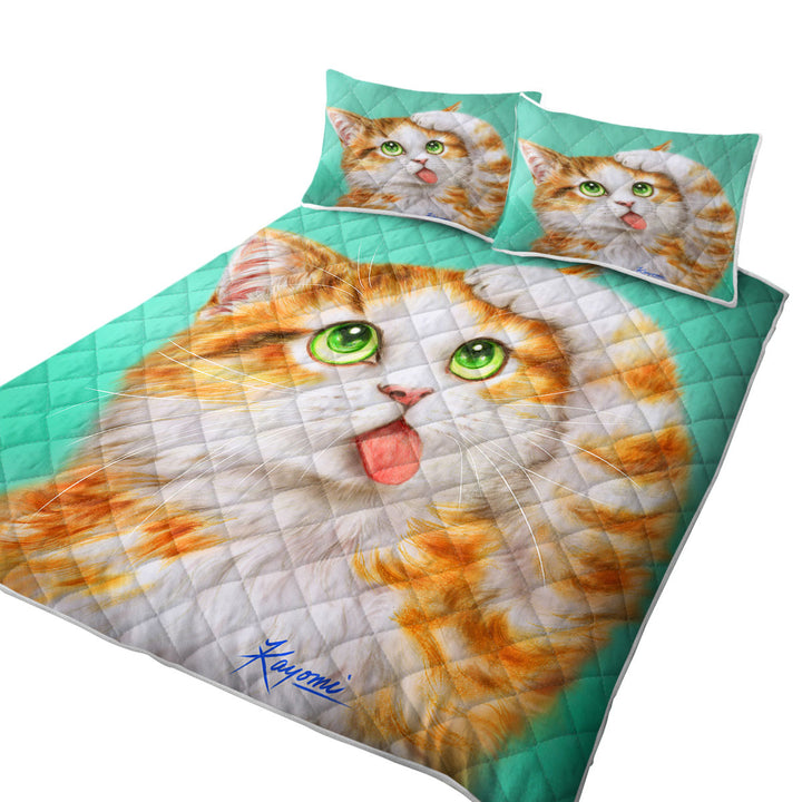 King Quilt with Funny Cat Prints Goofy Face Cute Ginger Kitten