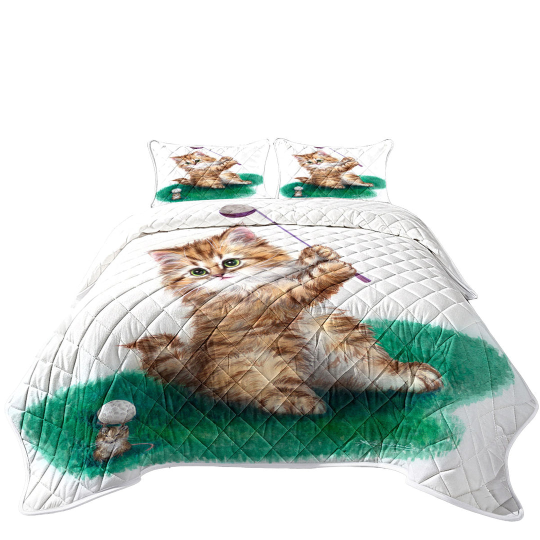 King Quilt with Funny Cute Cat Little Golfer Kitten