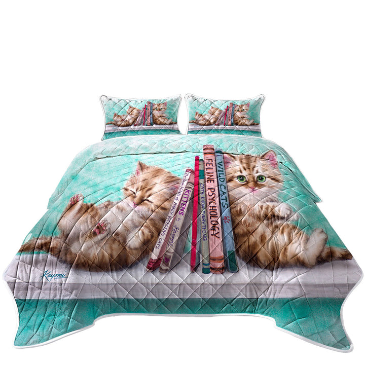 King Quilt with Funny Cute Cats Designs Books and Kittens