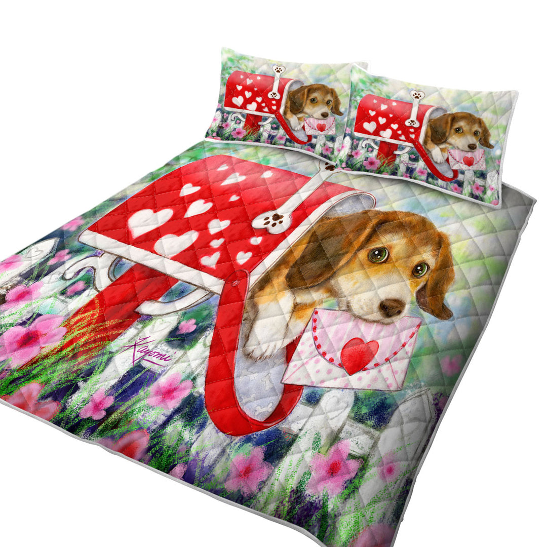 King Quilt with Funny Dog Mailbox Puppy with Hearts