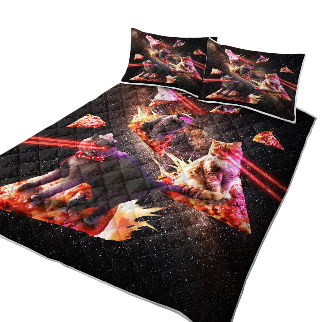 King Quilt with Funny and Cool Galaxy Pizza Cats with Laser Eyes