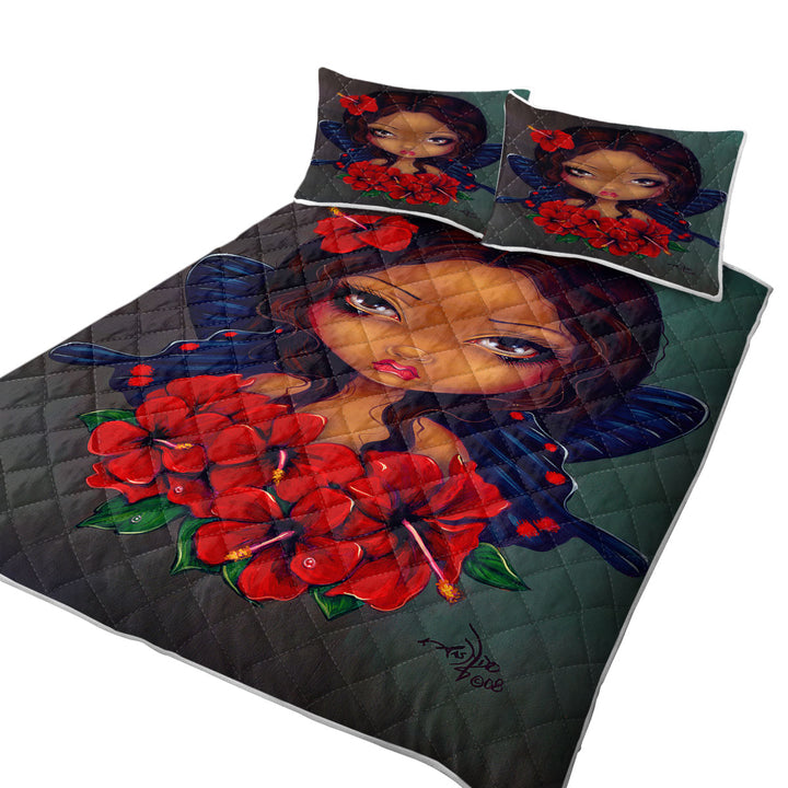 King Quilt with Hawaiian Tropical Red Hibiscus Fairy