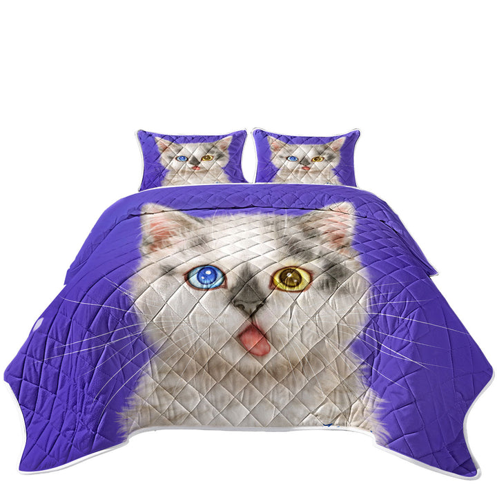 King Quilt with Heterochromia Eyes White Grey Kitty Cat