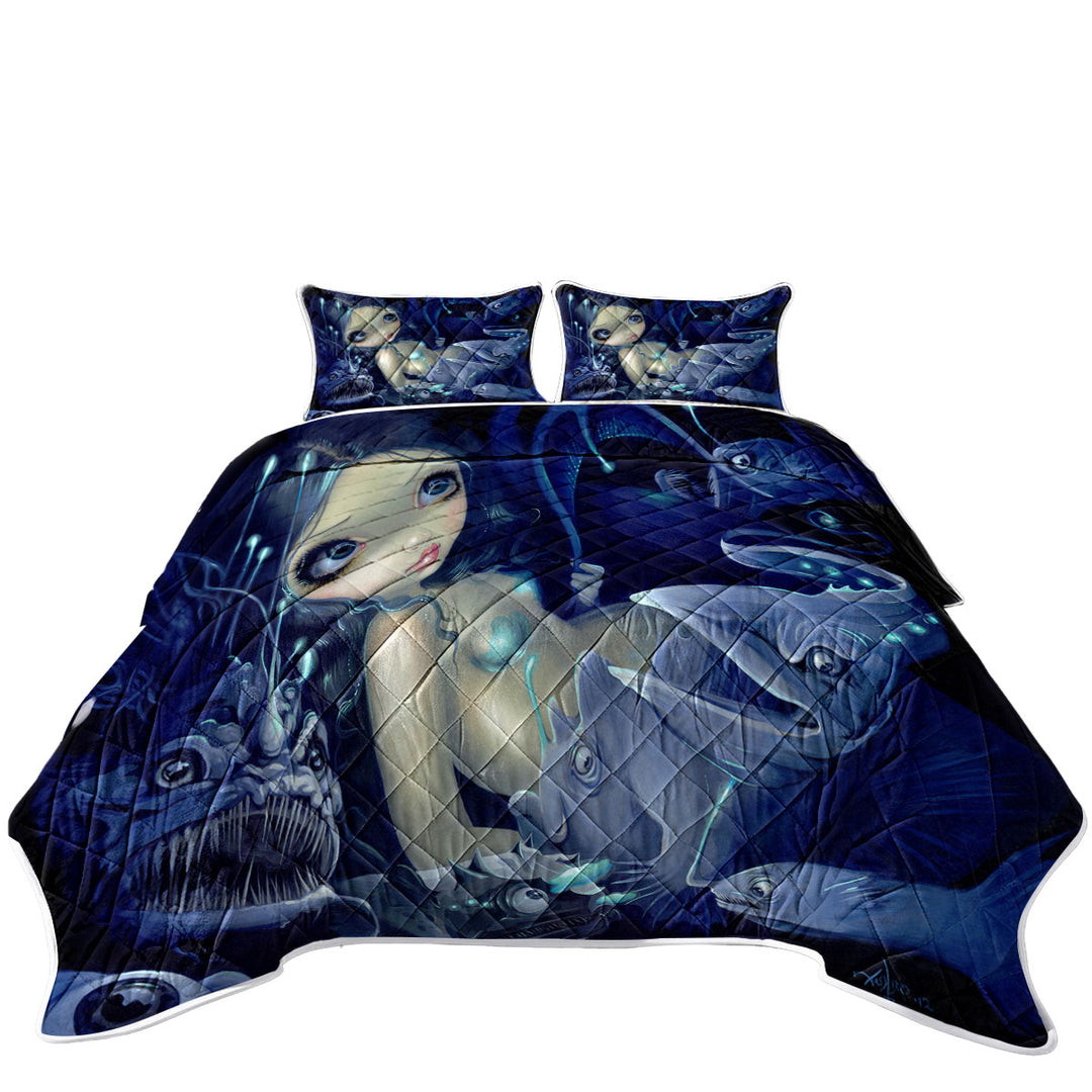 King Quilt with In the Abyss Scary Underwater Art Fish and Mermaid