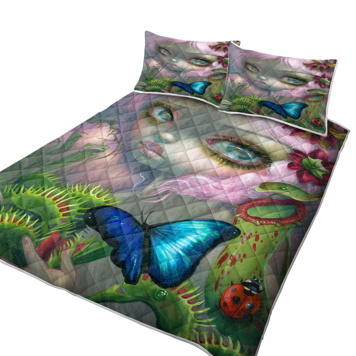 King Quilt with Insectarium Beautiful Pink Haired Girl and Plants