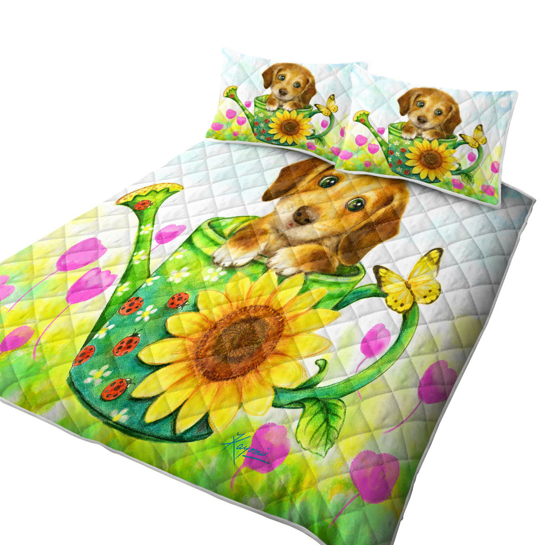 King Quilt with Kids Animal Dogs Art Cute Dachshund in Garden