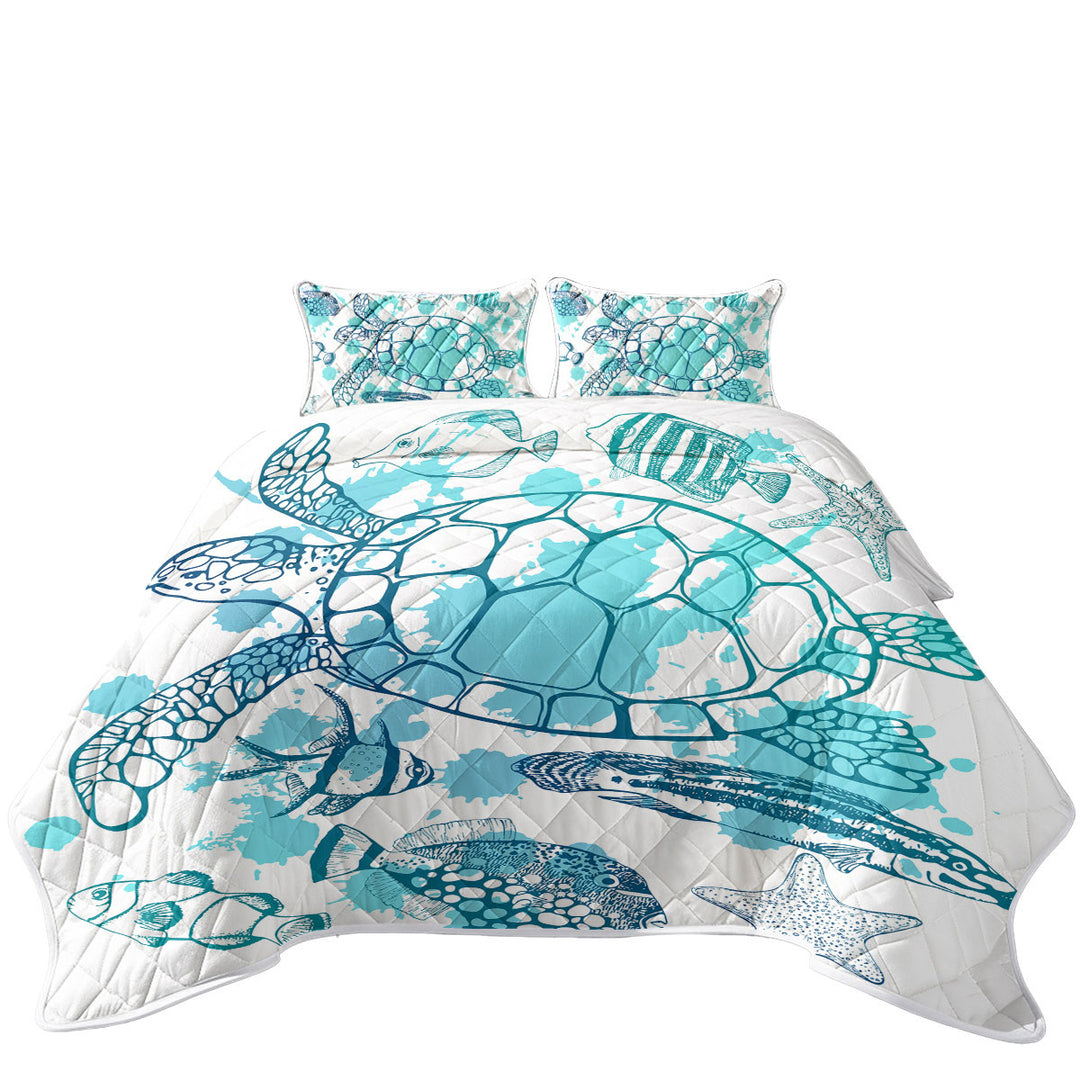 King Quilt with Light Blue Turtle and Fish