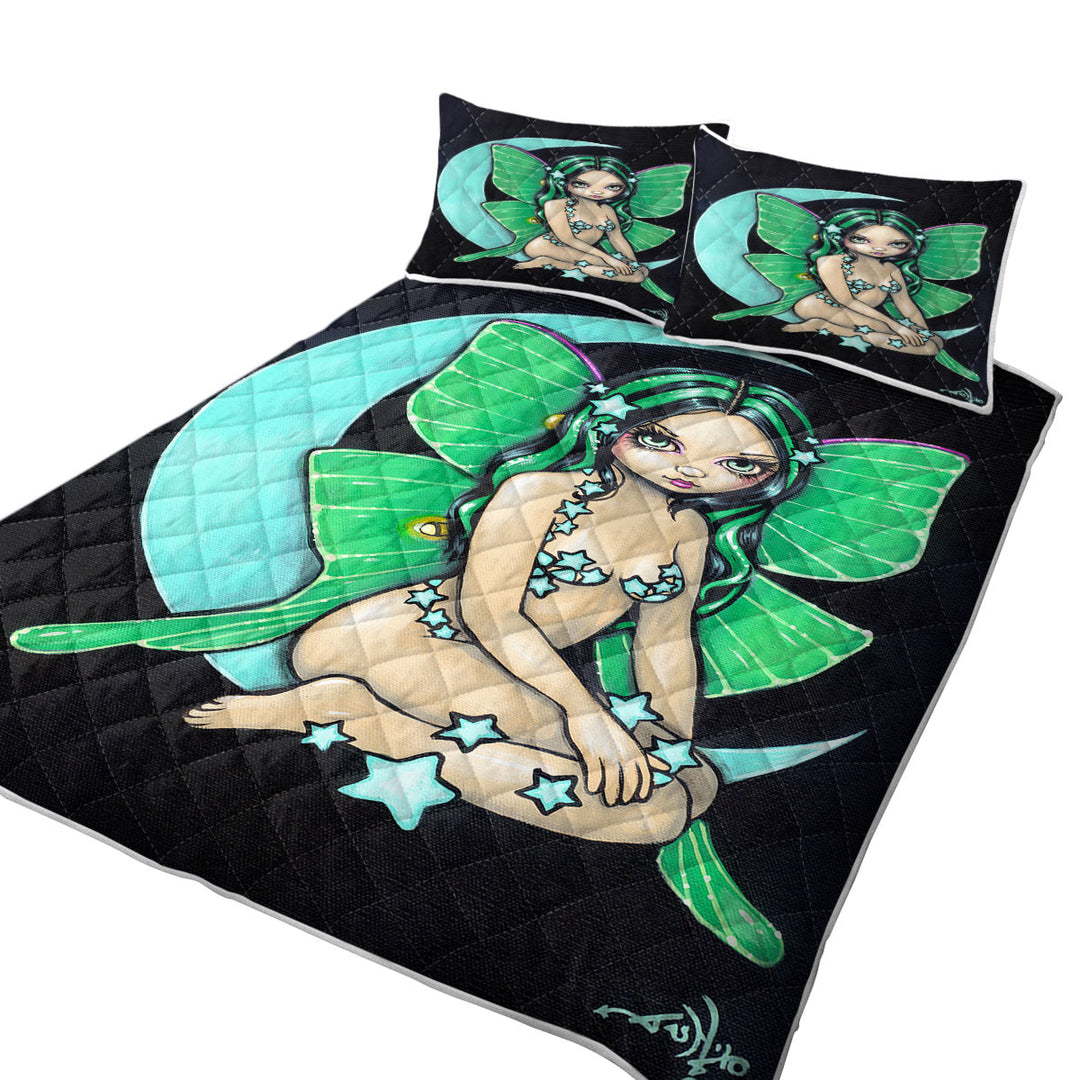 King Quilt with Luna a Star Studded Green Highlights Little Fairy