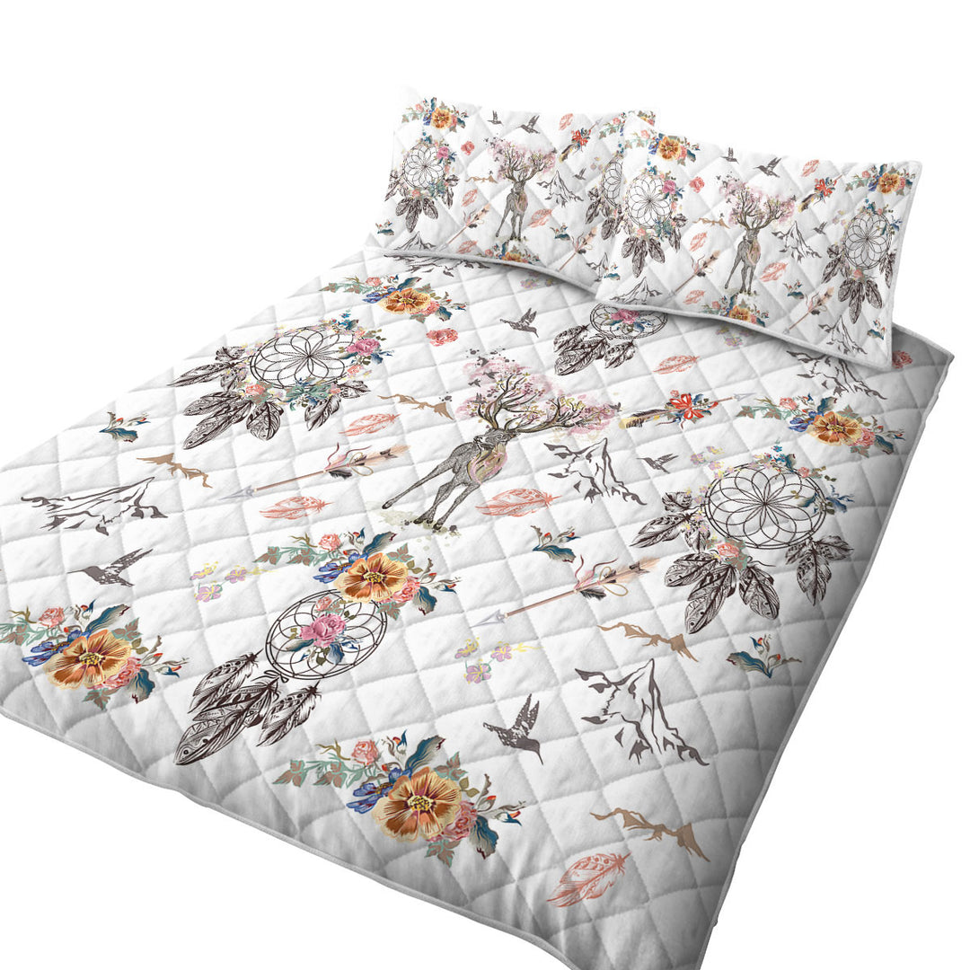 King Quilt with North American Floral Dream Catchers and Deer