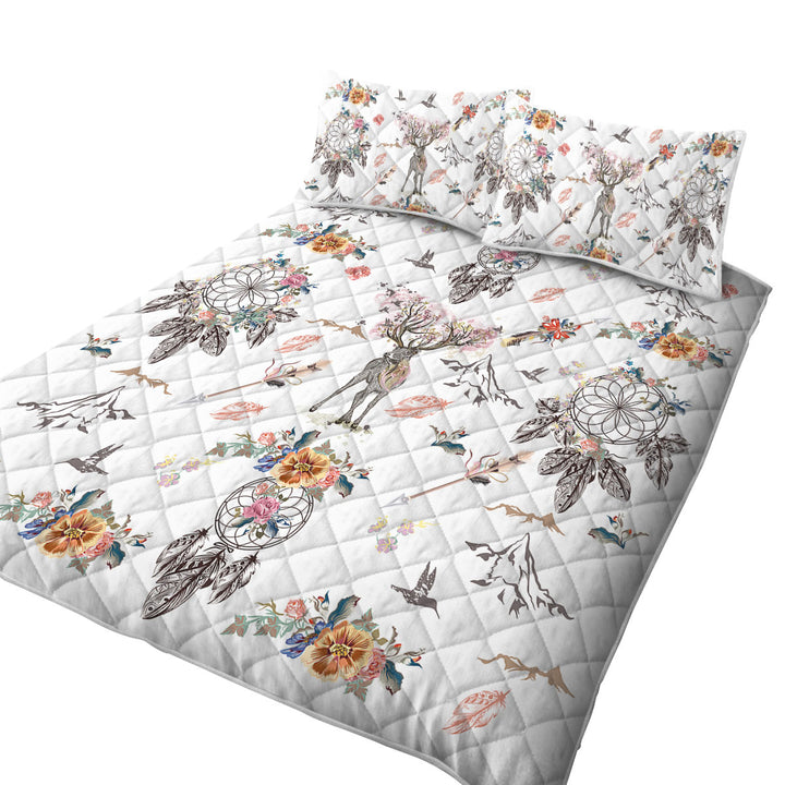 King Quilt with North American Floral Dream Catchers and Deer
