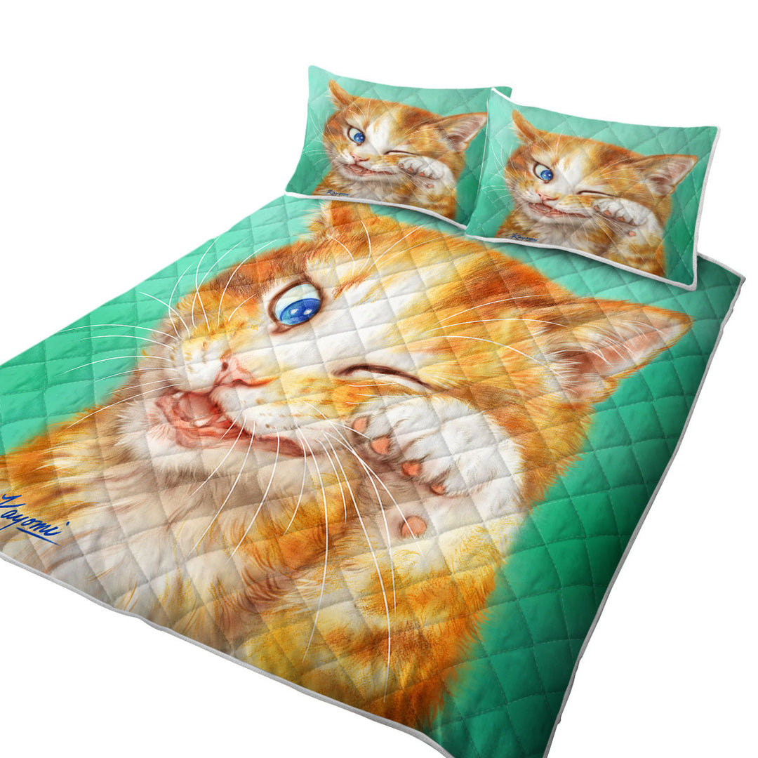 King Quilt with Paintings of Cute Ginger Cat over Green