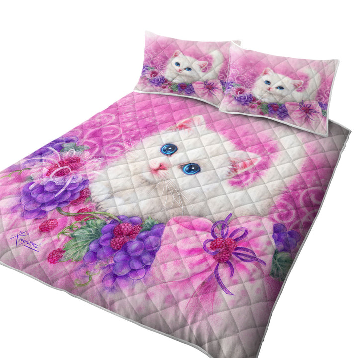 King Quilt with Pink Present White Kitten with Grapes