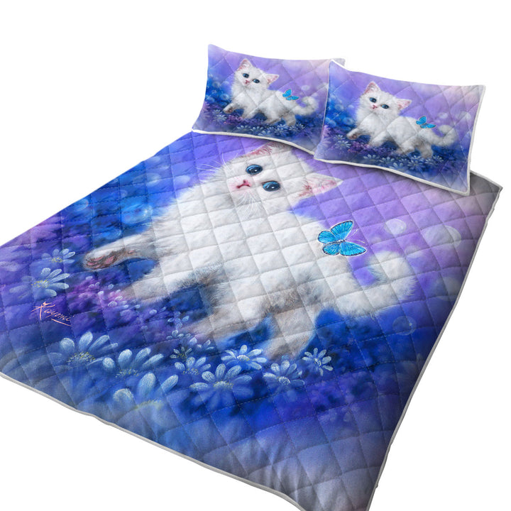 King Quilt with Purplish Garden White Kitten and Butterfly