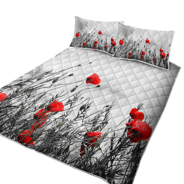 King Quilt with Red Poppies over Black and White
