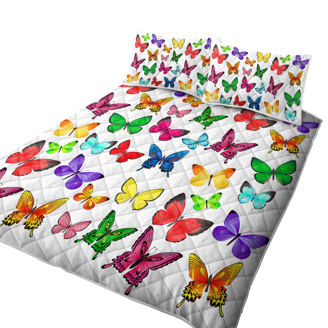 King Quilt with White Back Vivid Colored Butterflies