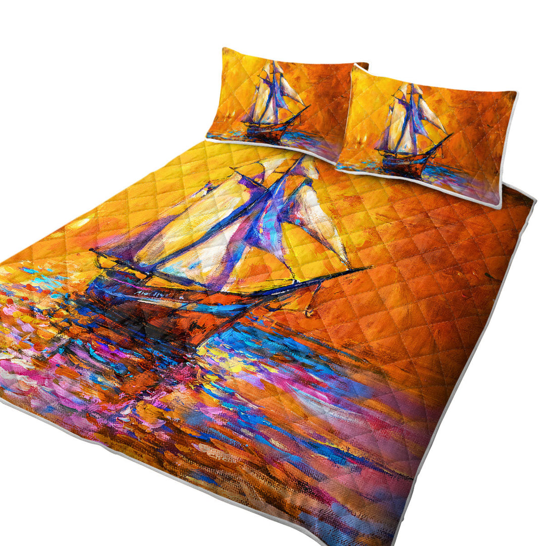 King Size Bedspreads with Art Painting Sunset Sailboat