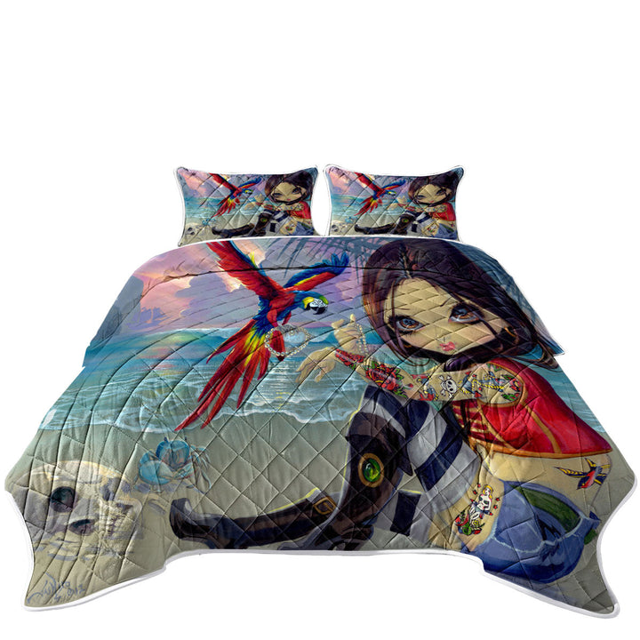 King Size Bedspreads with Bootstrap Betsy Macaws Parrot and Girl Pirate