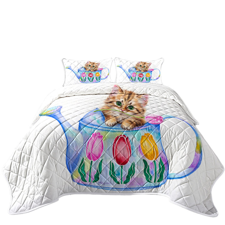 King Size Bedspreads with Cat Drawing for Kids Tulips and Kitten