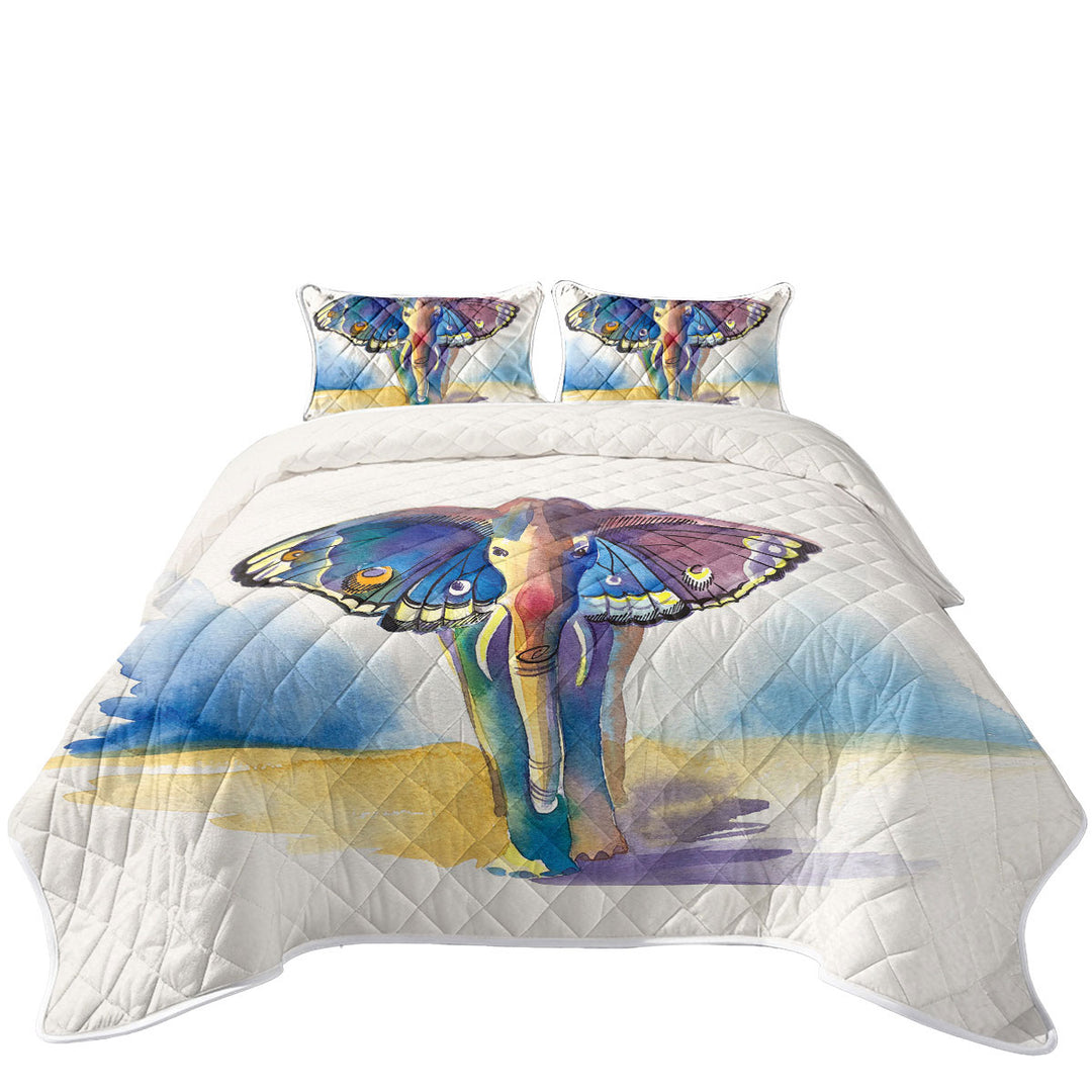 King Size Bedspreads with Colorful Artistic Elephant Meet Butterfly