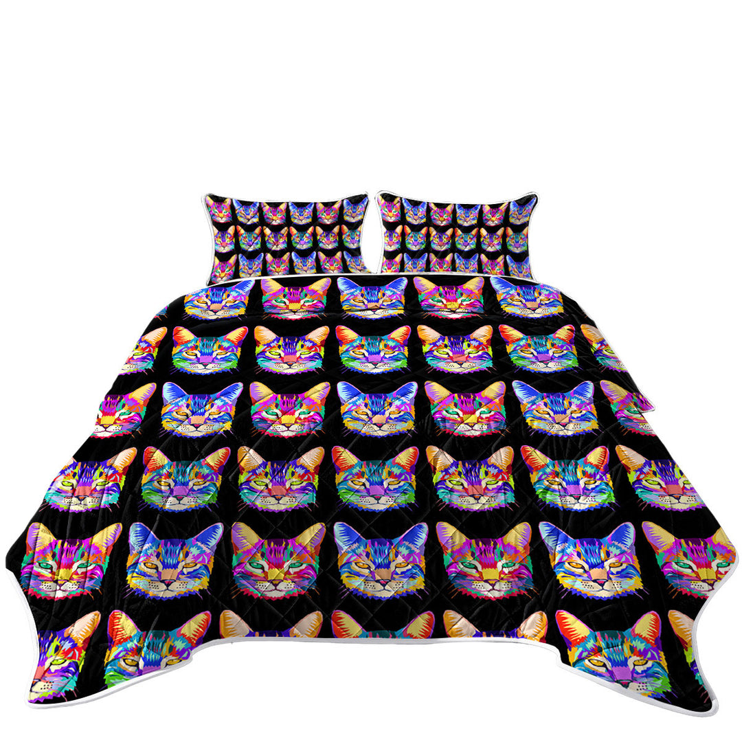 King Size Bedspreads with Cool Colorful Cat Face Pattern