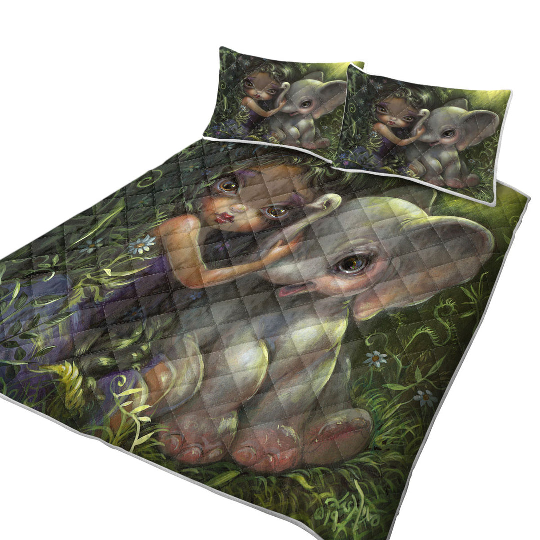 King Size Bedspreads with Cute Art Big Eyed Maiden with Elephant Friend