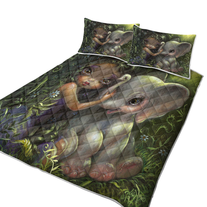 King Size Bedspreads with Cute Art Big Eyed Maiden with Elephant Friend