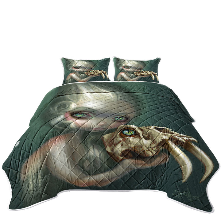 King Size Bedspreads with Dark Art Girl Holds Resurrected Saber Toothed Cat