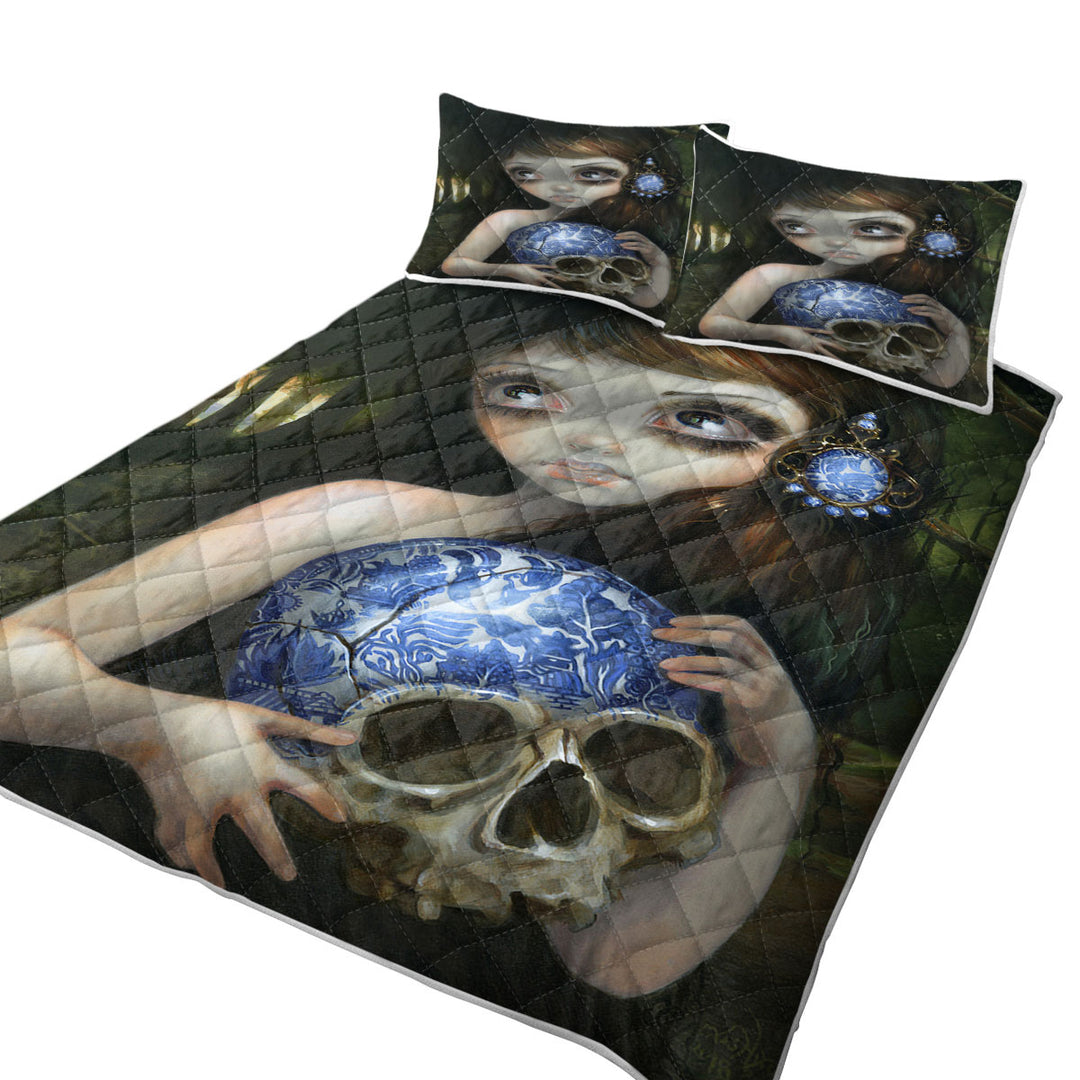King Size Bedspreads with Dark Art Girl with Porcelain Blue Willow Skull