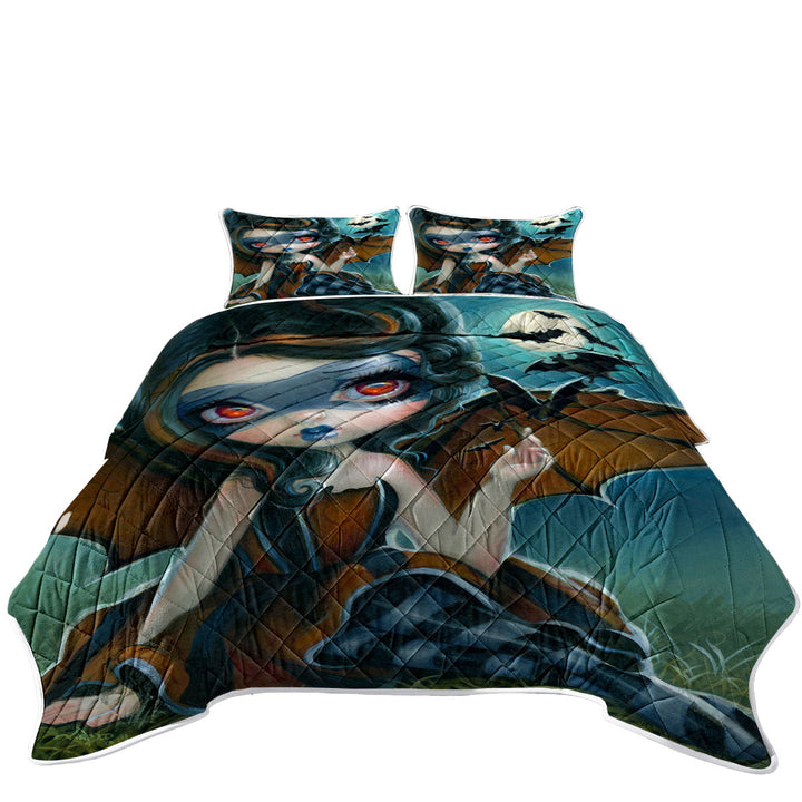 King Size Bedspreads with Fantasy Pipistrello Bat Winged Girl and Moon Bats