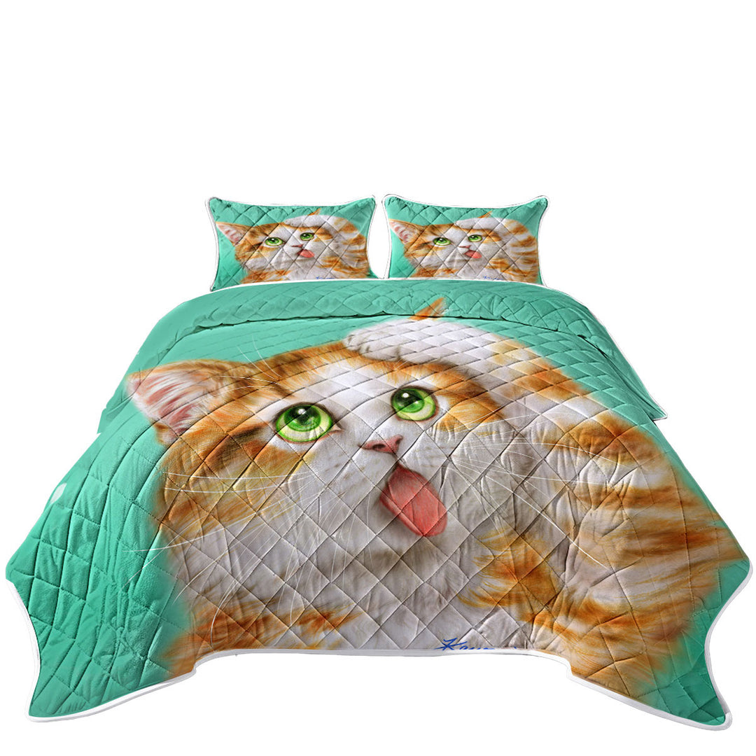 King Size Bedspreads with Funny Cat Prints Goofy Face Cute Ginger Kitten