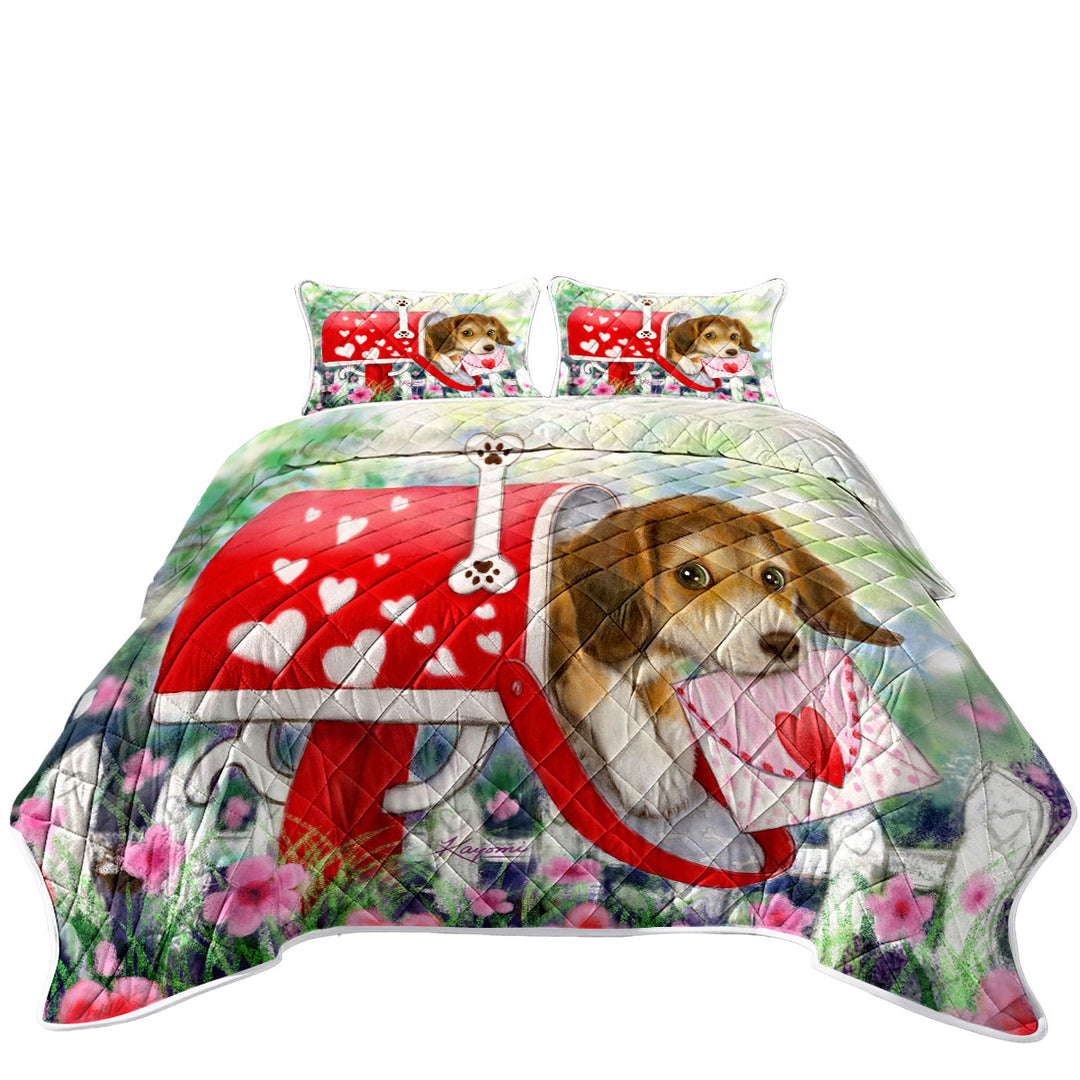 King Size Bedspreads with Funny Dog Mailbox Puppy with Hearts