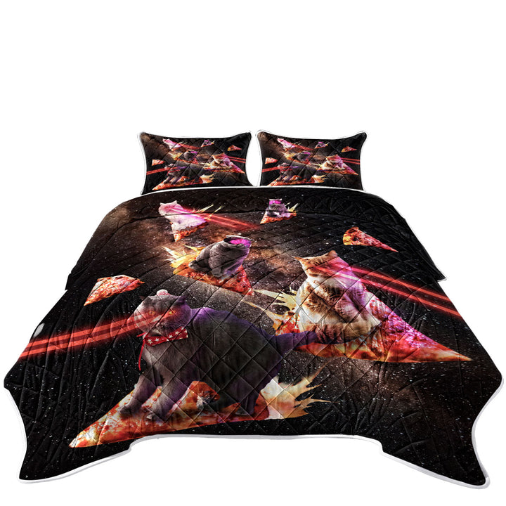 King Size Bedspreads with Funny and Cool Galaxy Pizza Cats with Laser Eyes