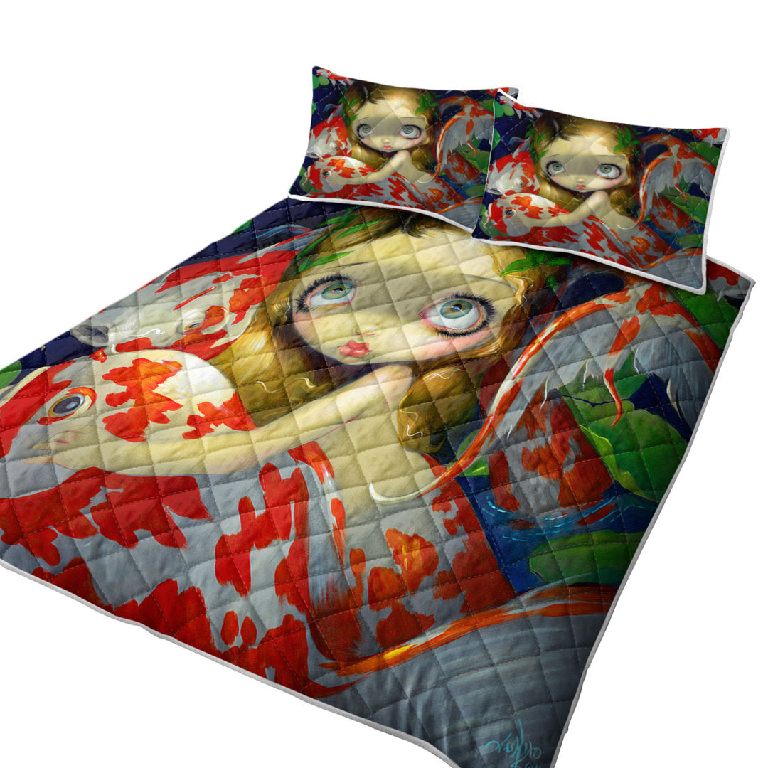 King Size Bedspreads with Girl Mermaid Amongst The Koi Fish