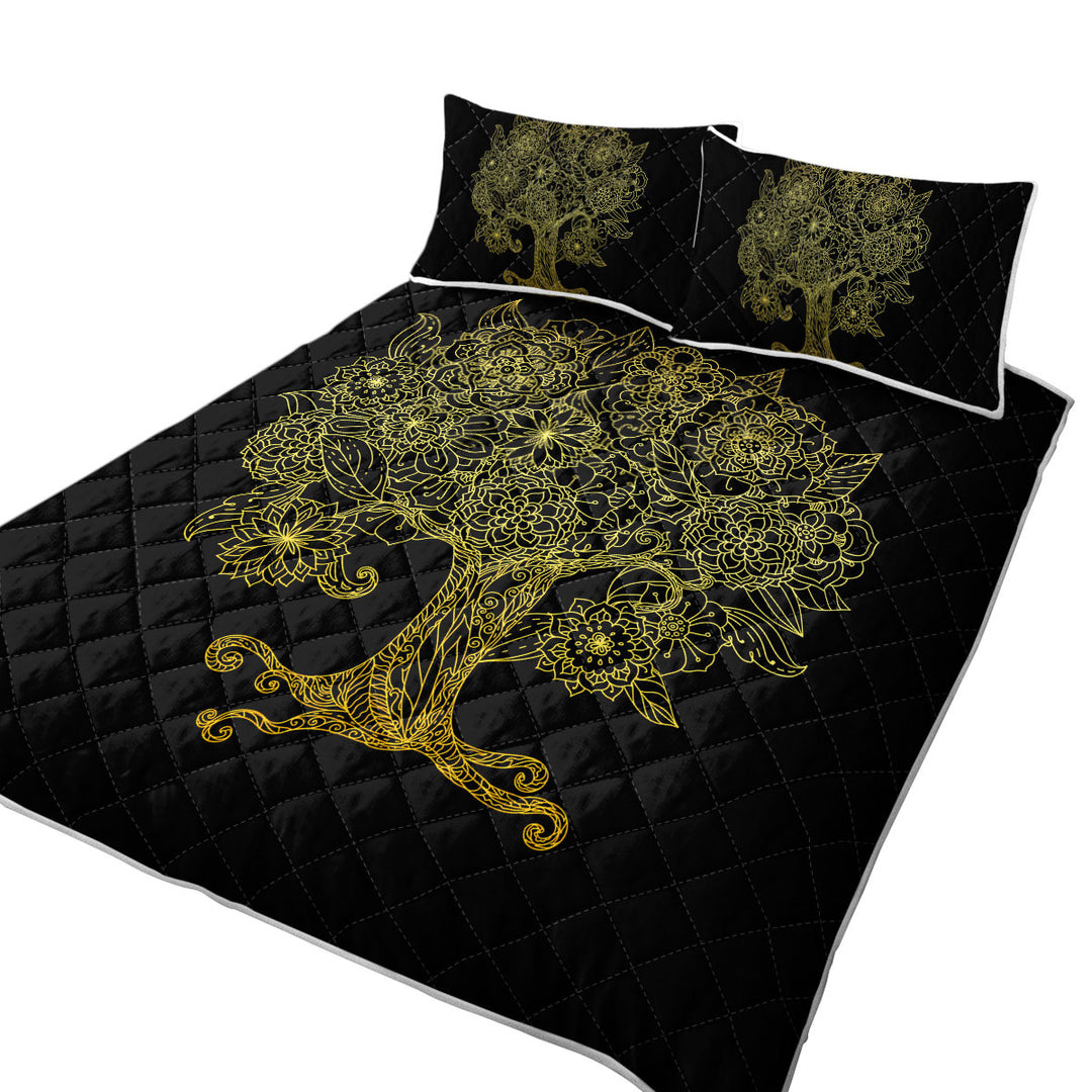 King Size Bedspreads with Golden Tree Drawing over Black