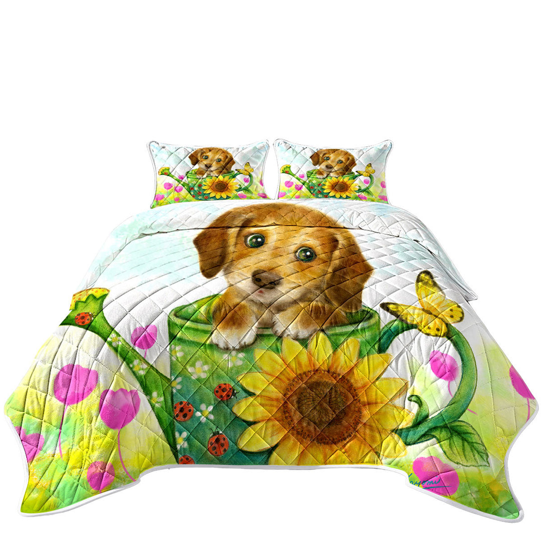 King Size Bedspreads with Kids Animal Dogs Art Cute Dachshund in Garden