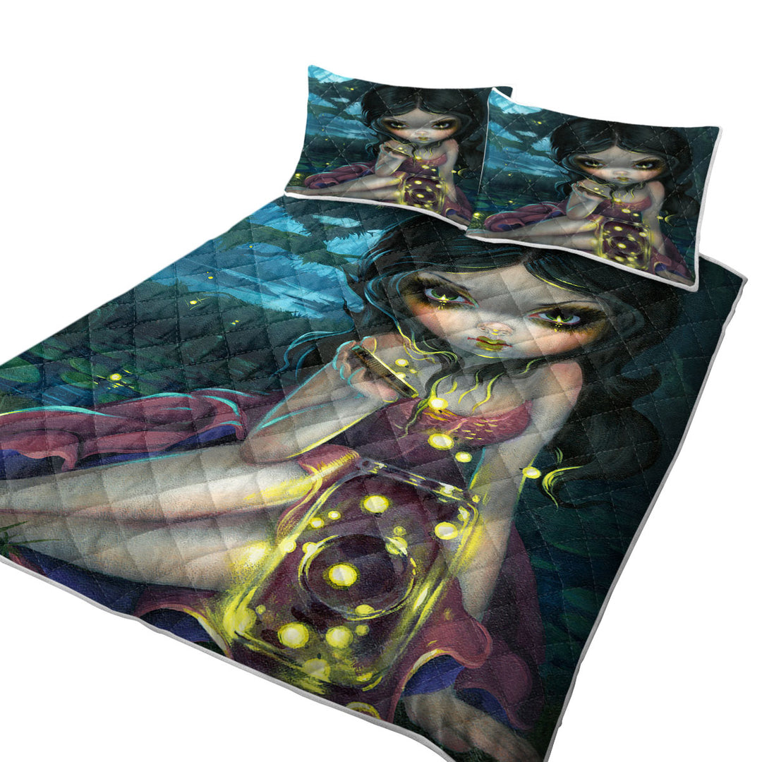 King Size Bedspreads with Lovely Maiden Releasing Fireflies in the Forest