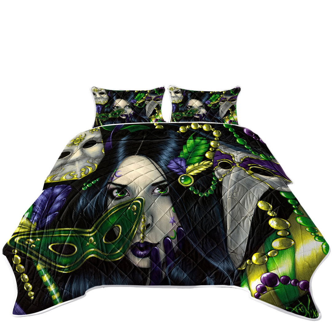 King Size Bedspreads with Mardi Gras Masquerade Purple Green and Gold Masks