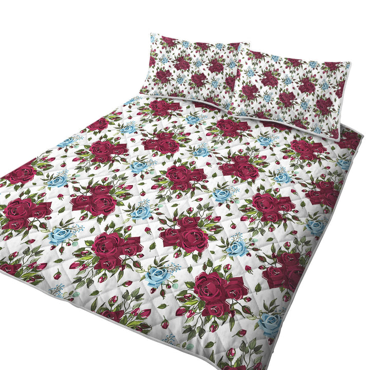 King Size Bedspreads with Maroon Red and Sky Blue Roses