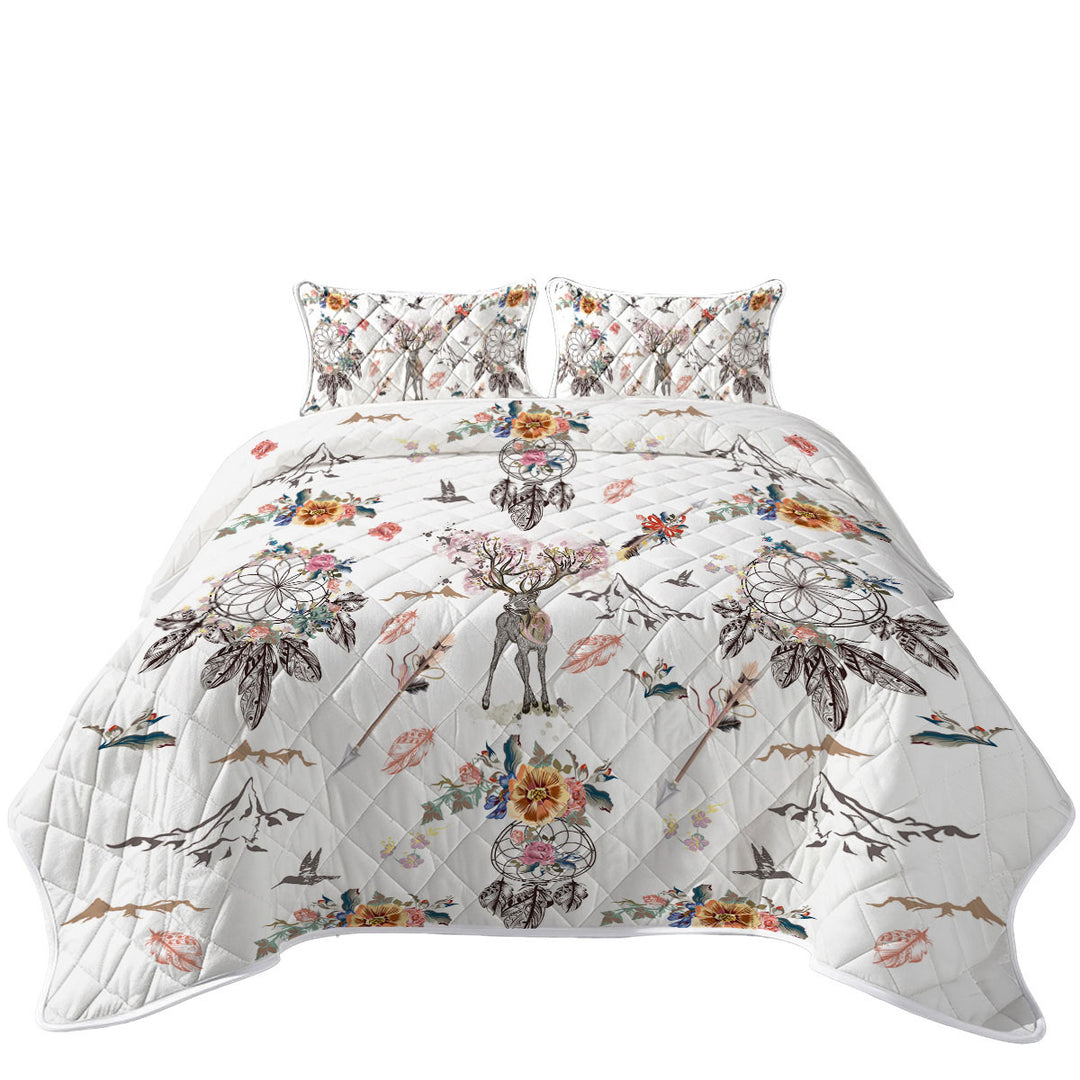 King Size Bedspreads with North American Floral Dream Catchers and Deer