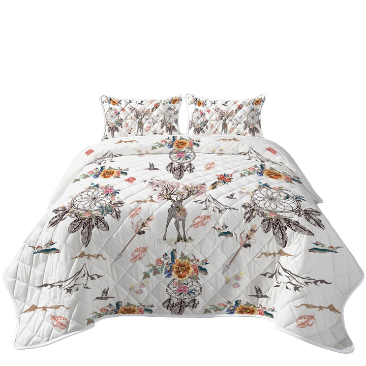 King Size Bedspreads with North American Floral Dream Catchers and Deer