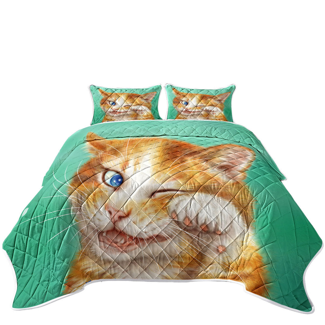 King Size Bedspreads with Paintings of Cute Ginger Cat over Green