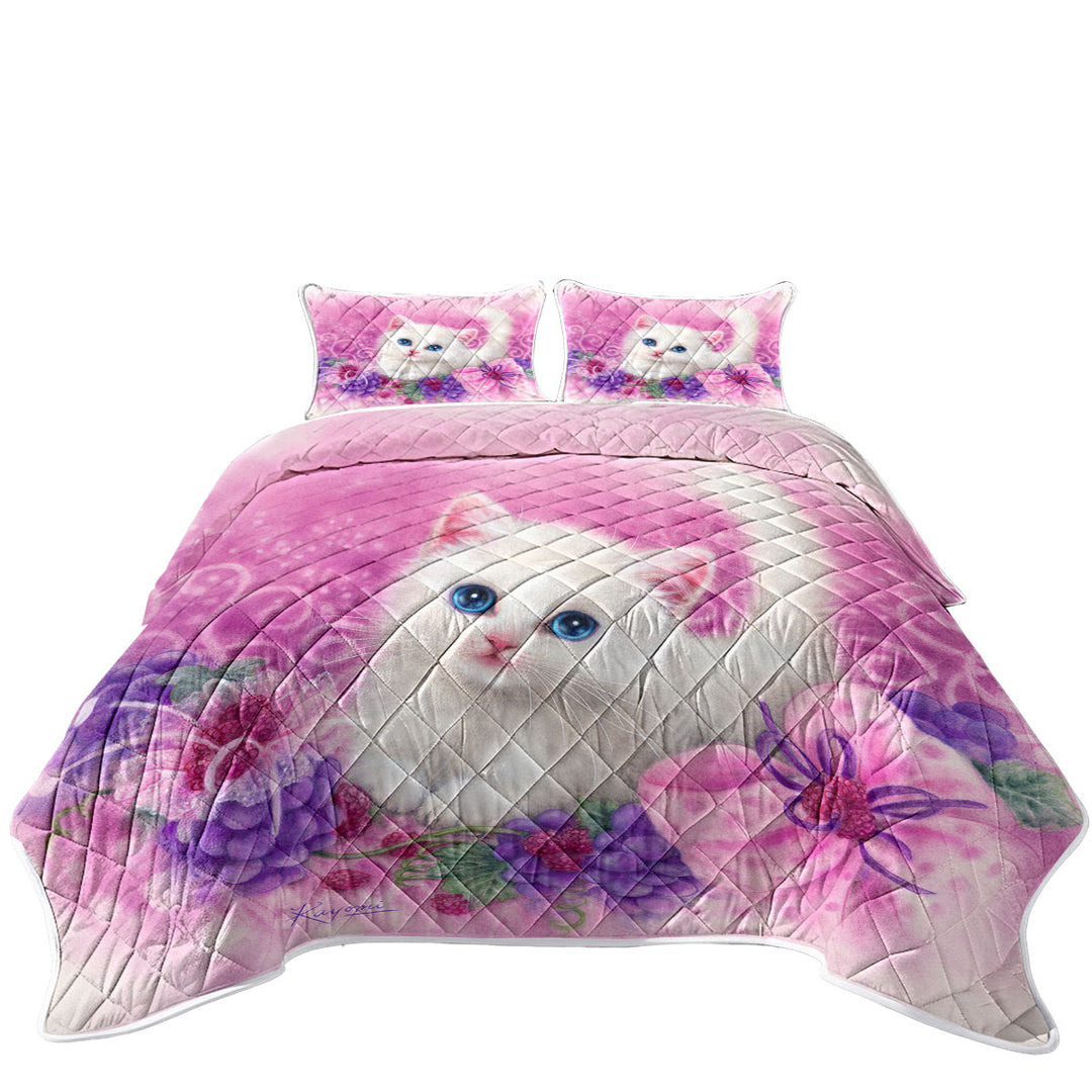 King Size Bedspreads with Pink Present White Kitten with Grapes